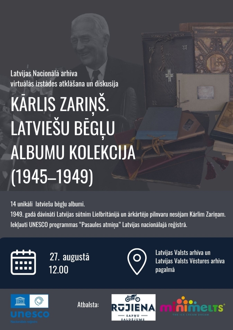 Krāsaina bilde, LNA Virtuālās izstādes un diskusijas "Latviešu bēgļu albumi un Kārlis Zariņš. Atmiņa, identitāte, valstiskums" afiša