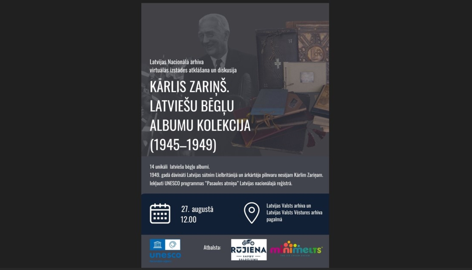Krāsaina bilde, virtuālās izstādes "Kārlis Zariņš. Latviešu bēgļu albumu kolekcija (1945–1949)" afiša