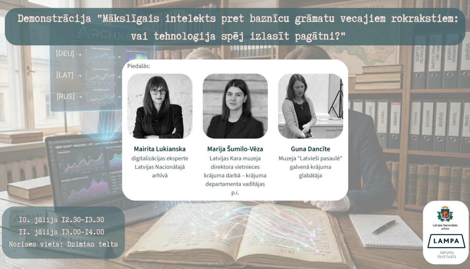 Krāsaina bilde,  ArchXAI projekta veikuma demonstrācijas "Mākslīgais intelekts pret baznīcu grāmatu vecajiem rokrakstiem: vai tehnoloģija spēj izlasīt pagātni?" afiša sarunu festivālā LAMPA