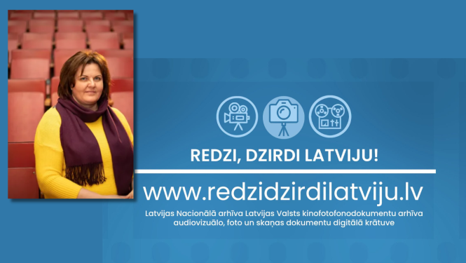 Krāsaina bilde, LNA LVKFFDA direktore Dace Bušante un datu bāzes "Redzi, dzirdi Latviju!" logo