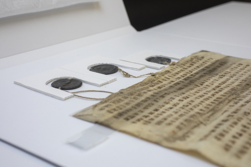 Krāsaina bilde - dokumentu mapē ievietots 13.gadsimta dokuments, bildē redzama dokumenta daļa ar zīmogiem - dokumenta nosaukums - 1259.-1263. gada tirdzniecības līgums starp Novgorodu un vācu pilsētām, un Gotlandi