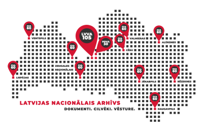 LNA 105 gadu un ZVA 60 gadu jubilejas logo - Latvijas kontūra ar iezīmētām LNA struktūrvienībām