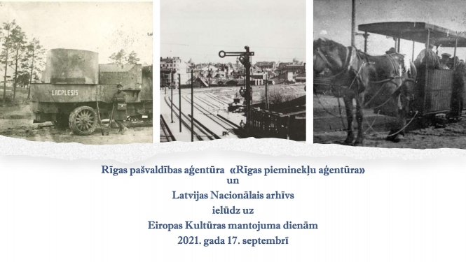 Trīs melnbaltas bildes ar Rīgas skatiem un ielūguma teksts