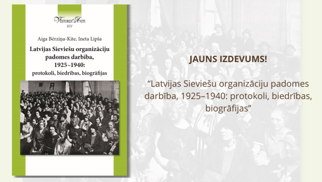 Krāsaina bilde, LNA izdevuma "Latvijas Sieviešu organizāciju padomes darbība, 1925–1940: protokoli, biedrības, biogrāfijas” vāks un atvēršanas pasākuma paziņojums