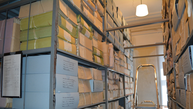 Krāsiana bilde, LNA krātuve, plaukti, glabājamās vienības, trepes