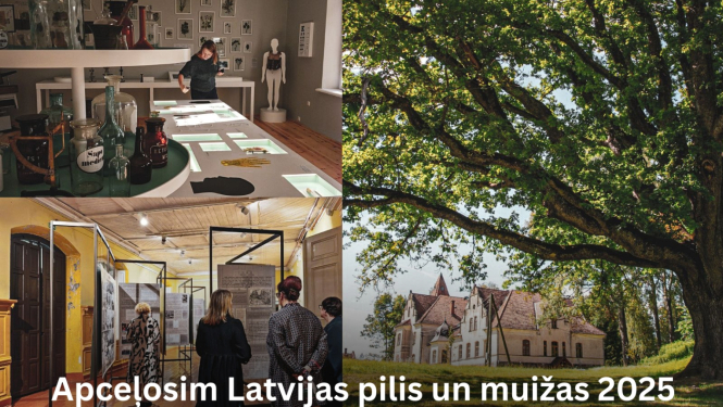 Krāsaina bilde, kolāža par Mēru muižu, aicinājums apceļot Latvijas pilis un muižas