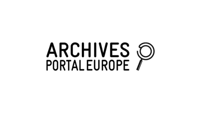 Logo, Archives Portal Europe, melnu burti uz balta fona