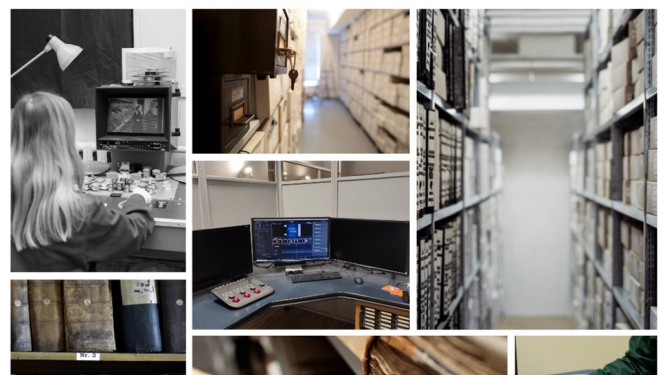 Krāsaina kolāža - arhīva krātuves un glabājamās vienības