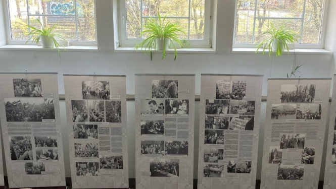 Krāsaina bilde, izstādes stendu rinda skolas vestibilā