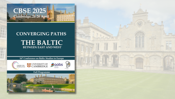 Krāsaina bilde, konferences afiša uz Kembridžas ēku fona