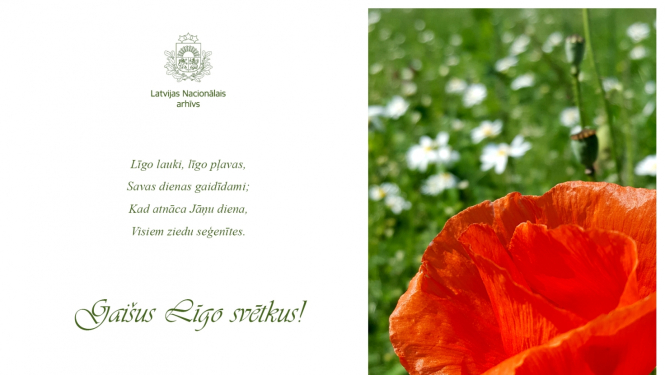 Krāsaina bilde, apsveikums Jāņos, tautas dziesma un sarkana magone