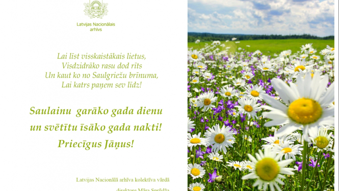 Krāsaina bilde, priecīgus Jāņus, pļavas attēls un apsveikuma teksts