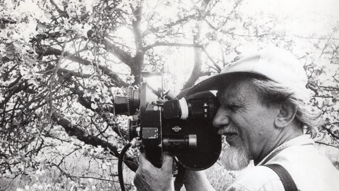 Melnbalta bilde, Kinorežisors, operators Ivars Seleckis filmē ziedošā dārzā. Portrets. Latvija, 20.gs. 70. – 80. gadi. Autors Aivars Dambekalns. Latvijas Valsts kinofotofonodokumentu arhīvs, LNA_KFFDA_F175_2_200