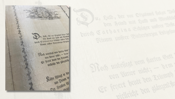 Melnbalta bilde, Vidzemes Bruņniecības bibliotēkas krājuma pērle – kāzu apsveikums, iespieddarbs uz zīda auduma, Rīgas tipogrāfa Jūlija Konrāda Daniela Millera meistardarbs 1790. gadā tapis par godu Vidzemes bruņniecības dzimtu pārstāvjiem stājoties laulībā