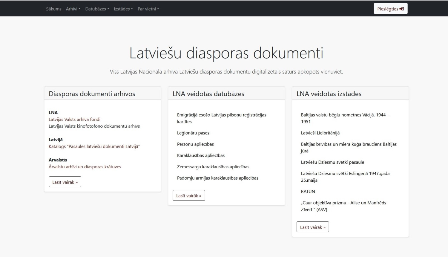 Datubāzes pirmā lapa, pelēks fons, trīs teksta kolonnas