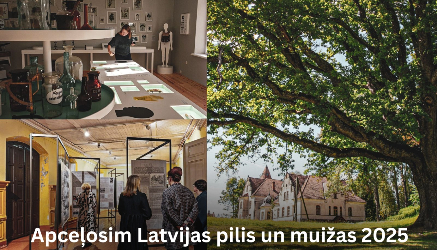 Krāsaina bilde, kolāža par Mēru muižu, aicinājums apceļot Latvijas pilis un muižas