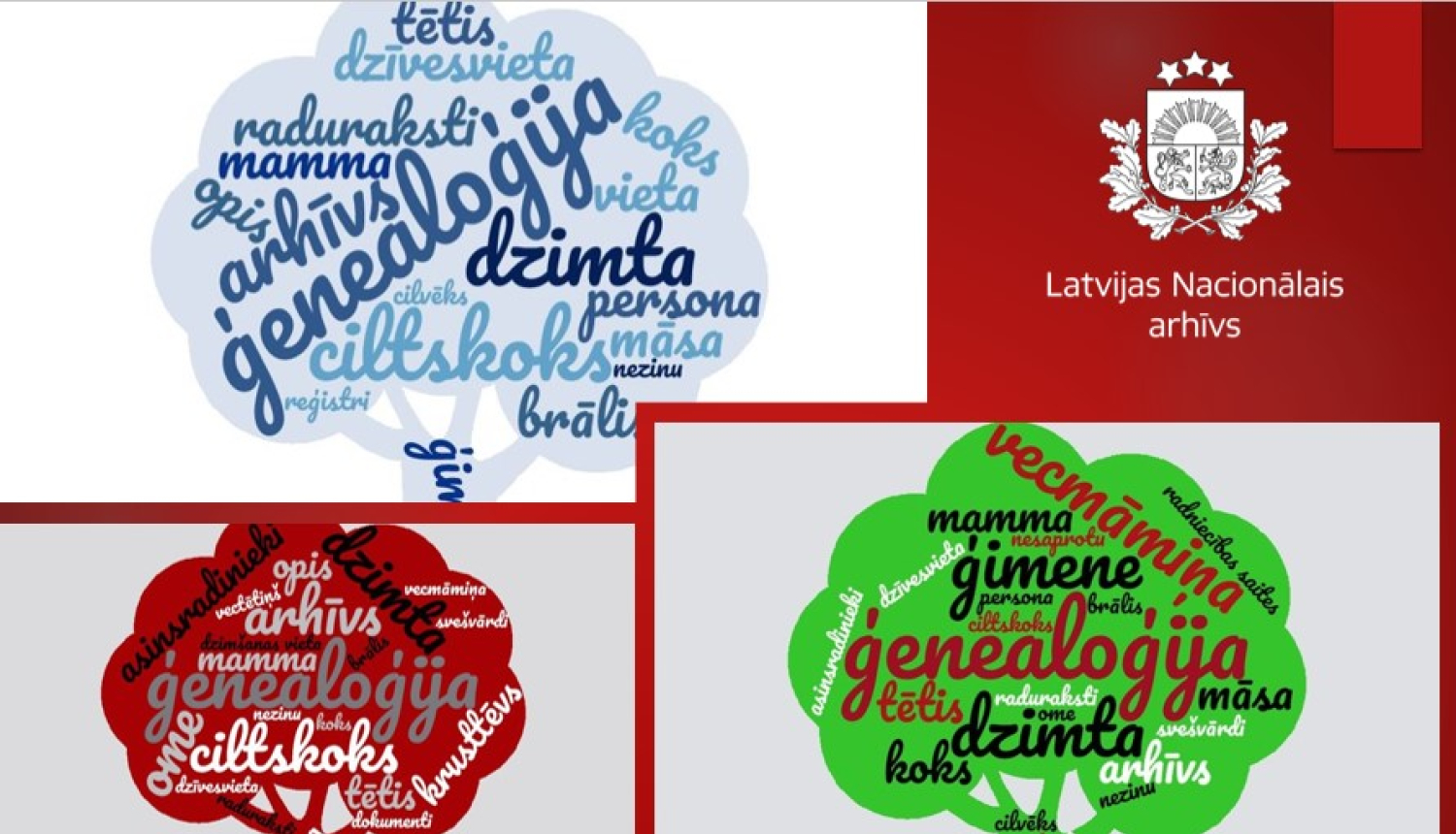 Fotokolāža, koki ar uzrakstiem