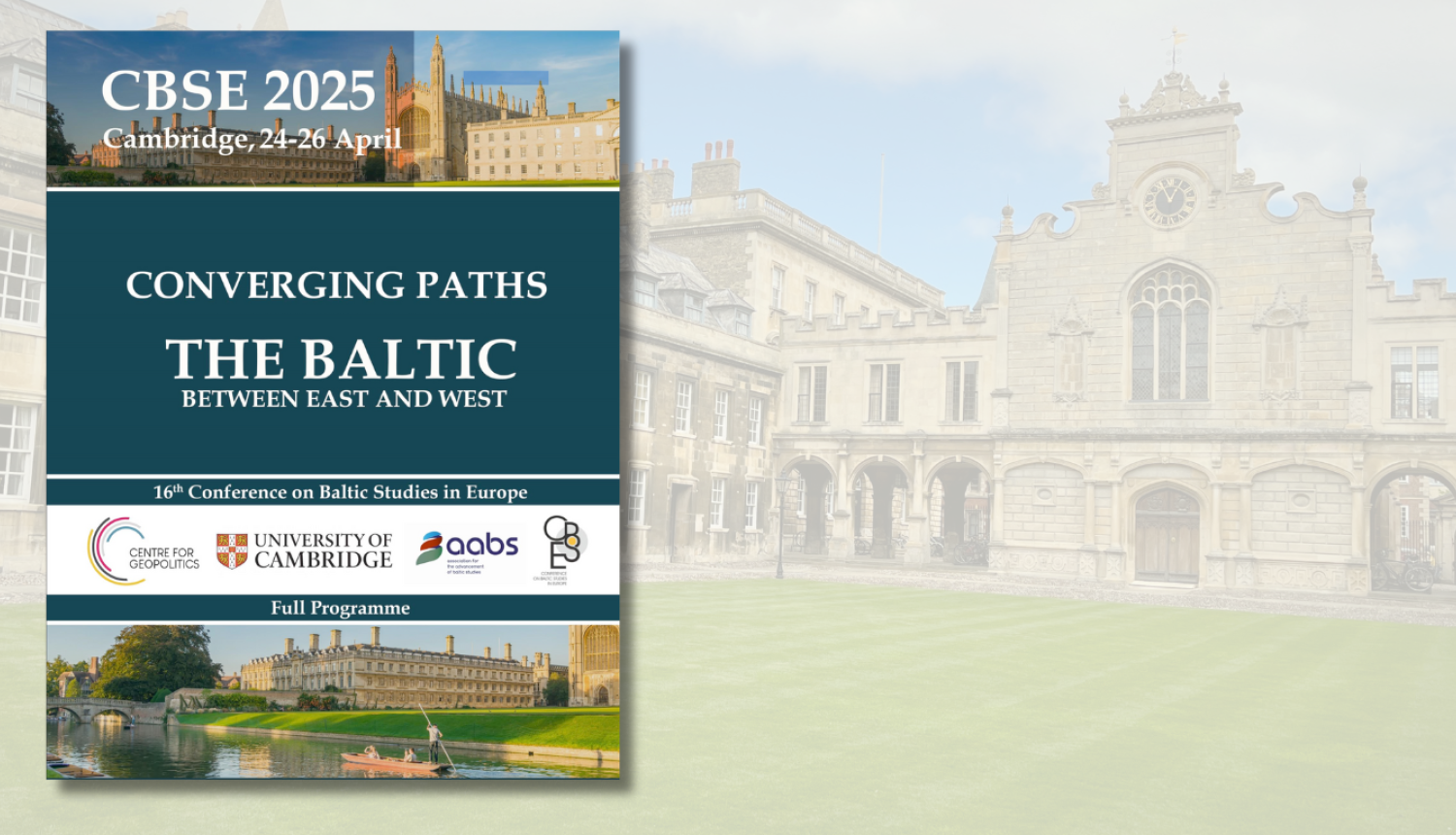 Krāsaina bilde, konferences afiša uz Kembridžas ēku fona