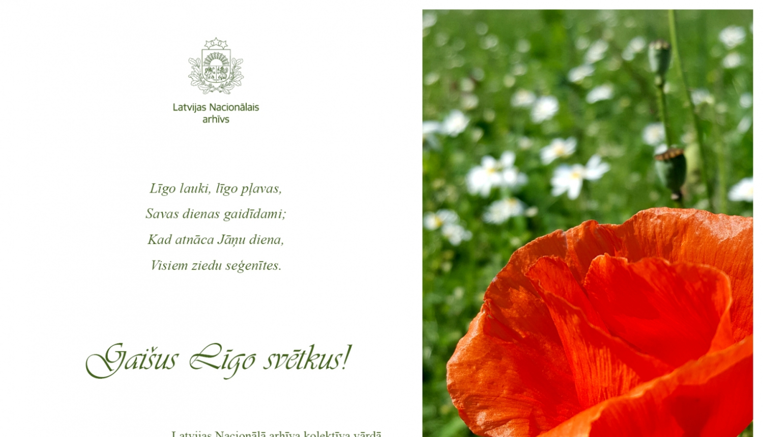 Krāsaina bilde, apsveikums Jāņos, tautas dziesma un sarkana magone