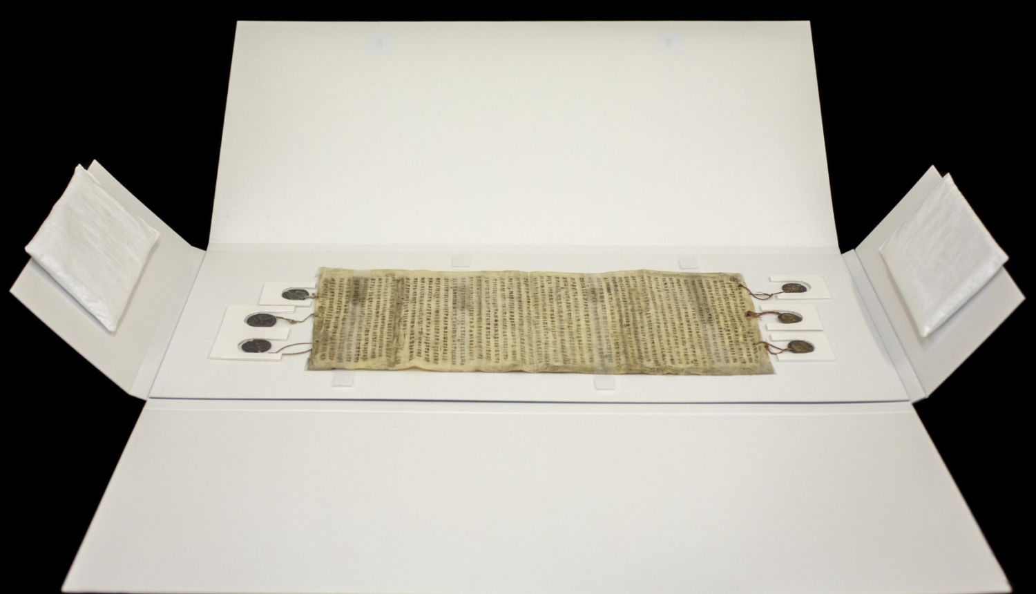 Krāsaina bilde, dokumentu mapē ievietots 13.gadsimta dokuments ar zīmogiem, redzams viss dokuments, dokumenta nosaukums - 1259.-1263. gada tirdzniecības līgums starp Novgorodu un vācu pilsētām, un Gotlandi