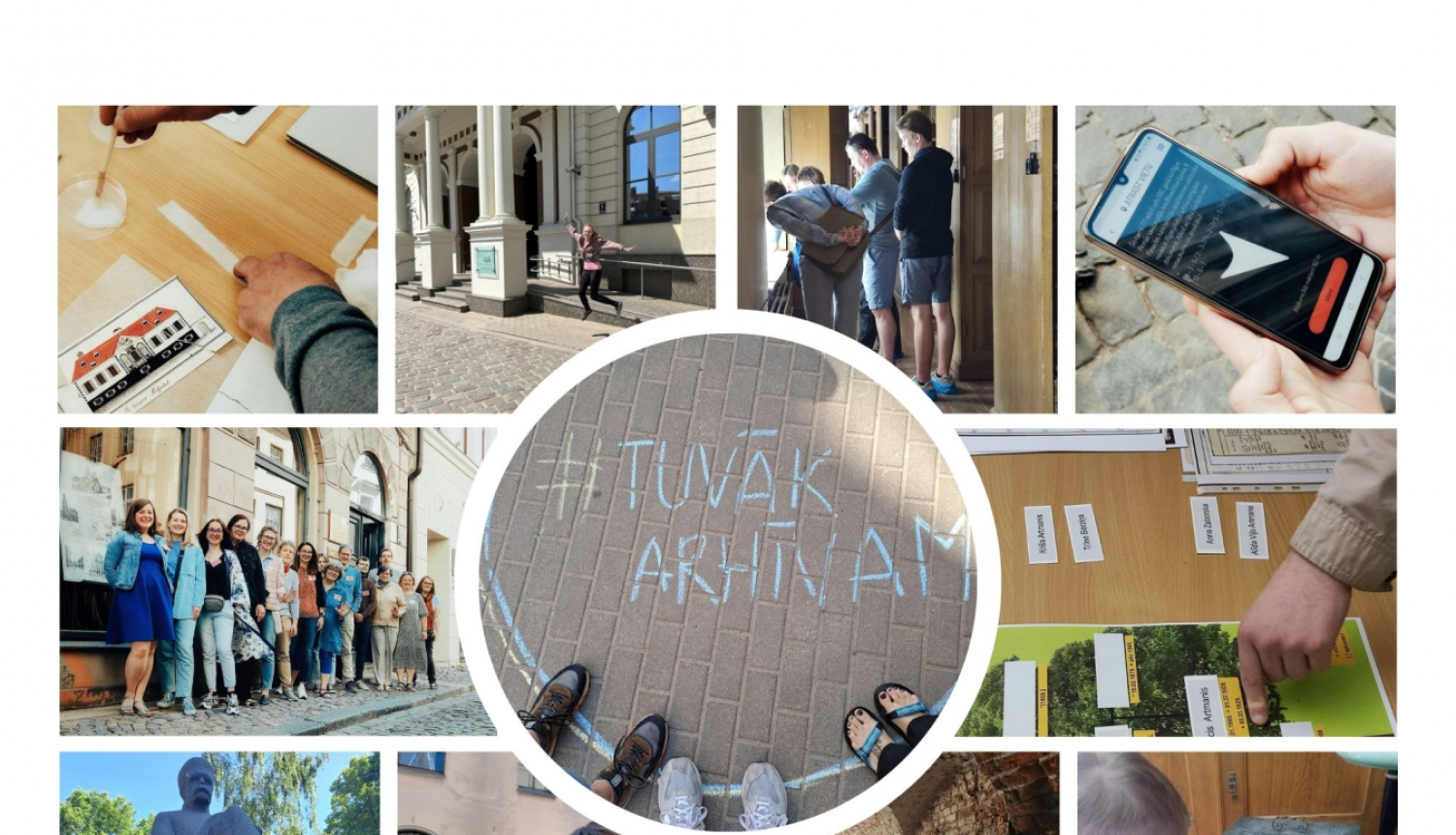 Krāsaina bilžu kolāža, attēli no spēles brīžiem ar komandu dalībniekiem