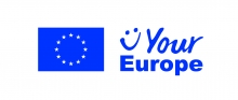 Your Europe logo. Eiropas savienības karogs kreisajā pusē, labajā stilizēta smaidoša seja ar uzrakstu tai blakus "Your Europe"