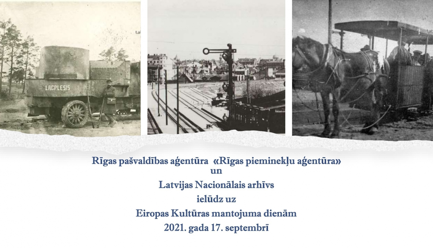 Trīs melnbaltas bildes ar Rīgas skatiem un ielūguma teksts